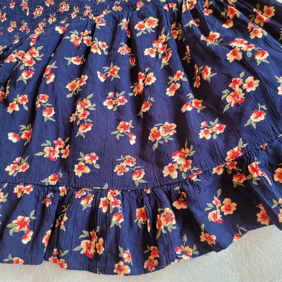 Boho Bell Sleeves Smocked Floral Print Top Ruffle Cottagecore Navy Blue XL - Picture 7 of 13